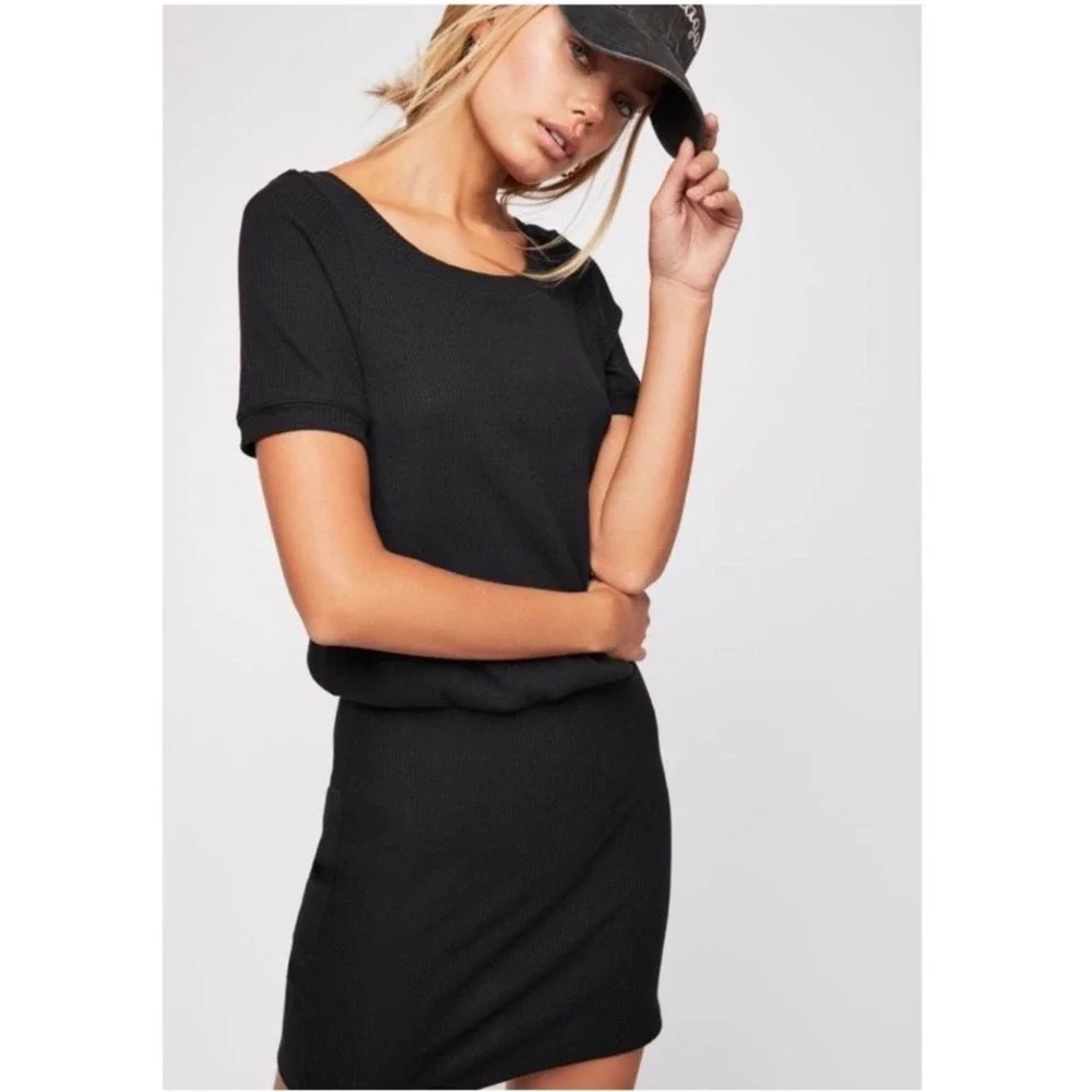 Free People Beach Ribbed Open Back‎ Dress Large Black Swim Cover Up Resort Wear